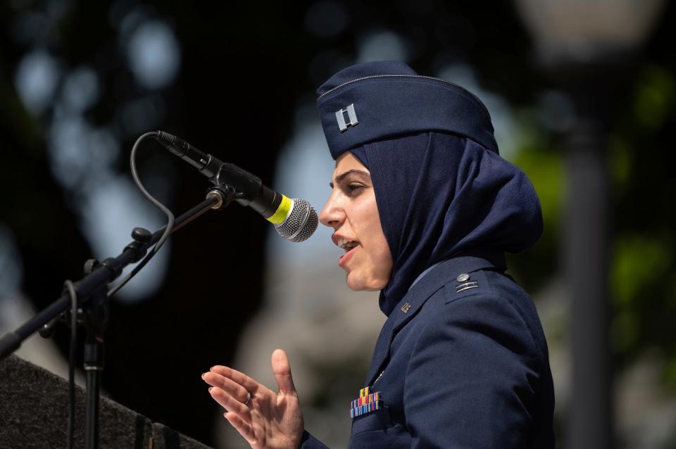 Grand Marshal Captain Maysaa M. Ouza of the United States Air Force speaks to a crowd during the 97th annual Memorial Day remembrance ceremony in Dearborn on Monday, May 29, 2023.