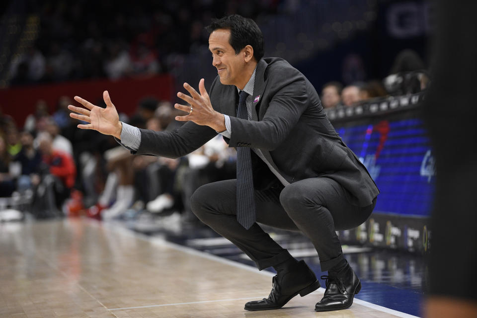 Miami Heat head coach Erik Spoelstra gestures during the first half of an NBA basketball game against the Washington Wizards, Sunday, March 8, 2020, in Washington. The Heat won 100-89. (AP Photo/Nick Wass)