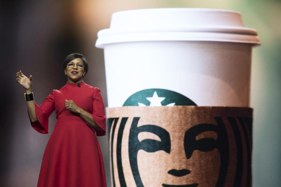 Starbucks Chief Operations Officer and Group President Rosalind "Roz" Brewer speaks at the Annual Meeting of Shareholders in Seattle, Washington on March 20, 2019. (Photo by Jason Redmond / AFP)        (Photo credit should read JASON REDMOND/AFP via Getty Images)