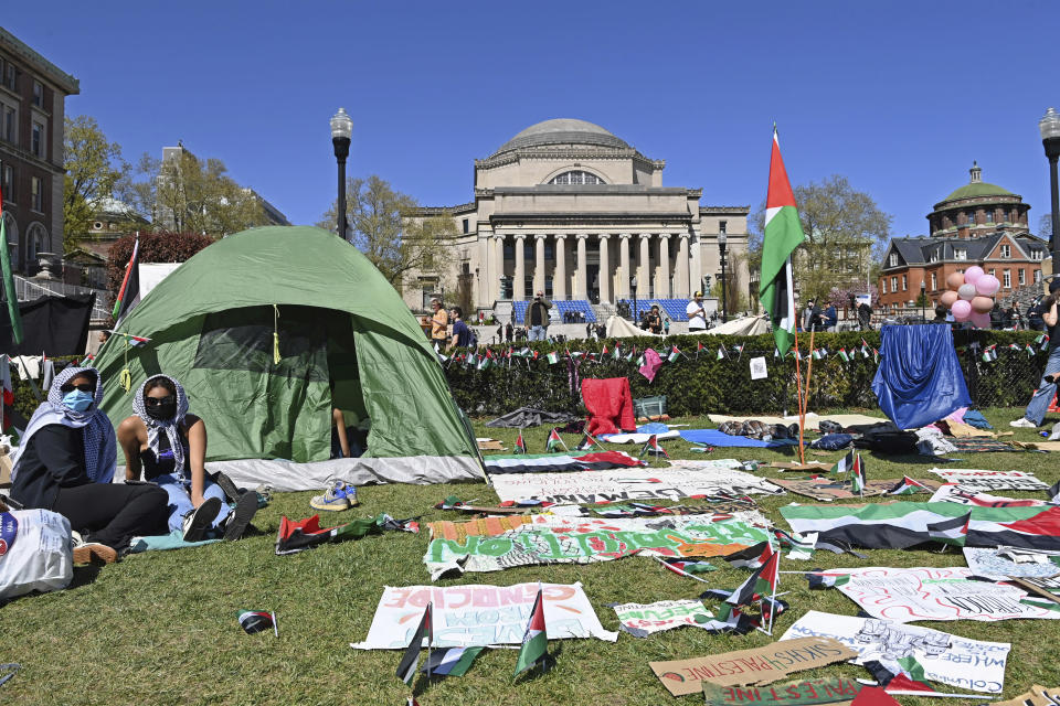 Photo by: Andrea Renault/STAR MAX/IPx 2024 4/22/24 The pro-Palestinian protests continue on the campus of Columbia University. On the quad the tents returned and the protesters continued to maintain a large presence.They were many signs about the area, including mini Palestinian flags marked with the names of the victims in Gaza.