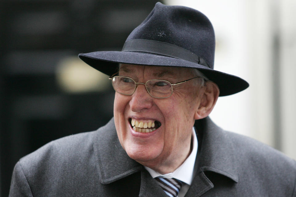 FILE - In this Thursday, March 22, 2007, file photo Rev. Ian Paisley, Leader of the Democratic Union Party, smiles as he speaks to the press when he leaves 11 Downing Street after a meeting on the Northern Ireland budget with British Chancellor Gordon Brown, London. Relations between Britain and Ireland have experienced many highs and lows in a century marked by rebellion, terror and treaties. (AP Photo/Sang Tan, File)