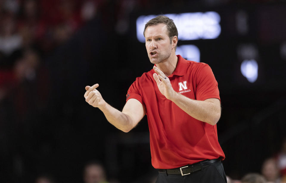 FILE - Nebraska head coach Fred Hoiberg yells to his team as they play against Maryland during the first half of an NCAA college basketball game Sunday, Feb. 19, 2023, in Lincoln, Neb. Nebraska more than doubled its number of Big Ten wins last season to mark the biggest improvement in Fred Hoiberg’s four years coaching the Cornhuskers. He expects the ascent to continue with a roster that ranks as the conference’s oldest. (AP Photo/Rebecca S. Gratz, File)