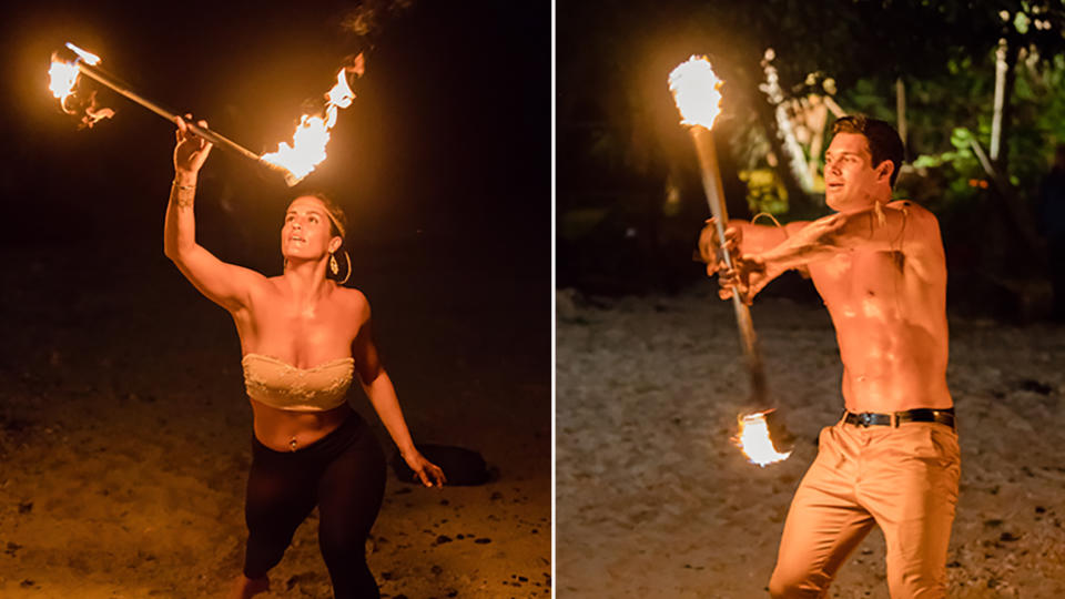 Elora and Apollo entertain their ‘Bachelor in Paradise’ cohort with their incredible fire twirling skills. Elora was part of a love triangle between Apollo and Simone. Source: Network Ten