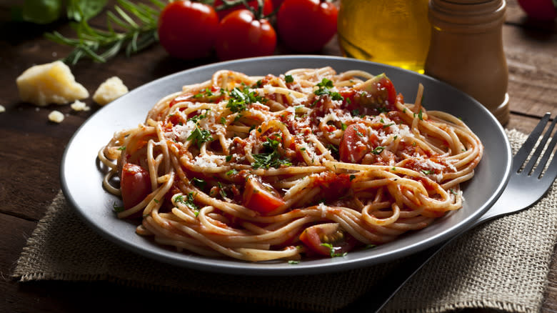 tomato-based pasta on plate