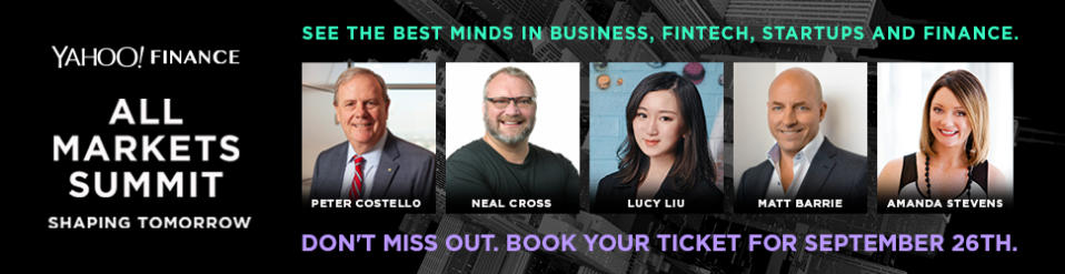 Yahoo Finance's All Markets Summit is on the 26th September 2019 in the Shangri-La, Sydney. Peter Costello, Neal Cross, Lucy Liu, Matt Barrie and Amanda Stevens will be speaking. Source: Yahoo Finance