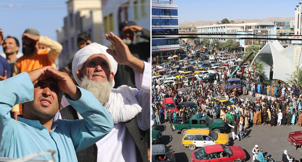 Pictured are people looking at one of the bodies which was hung from a crane in Herat.