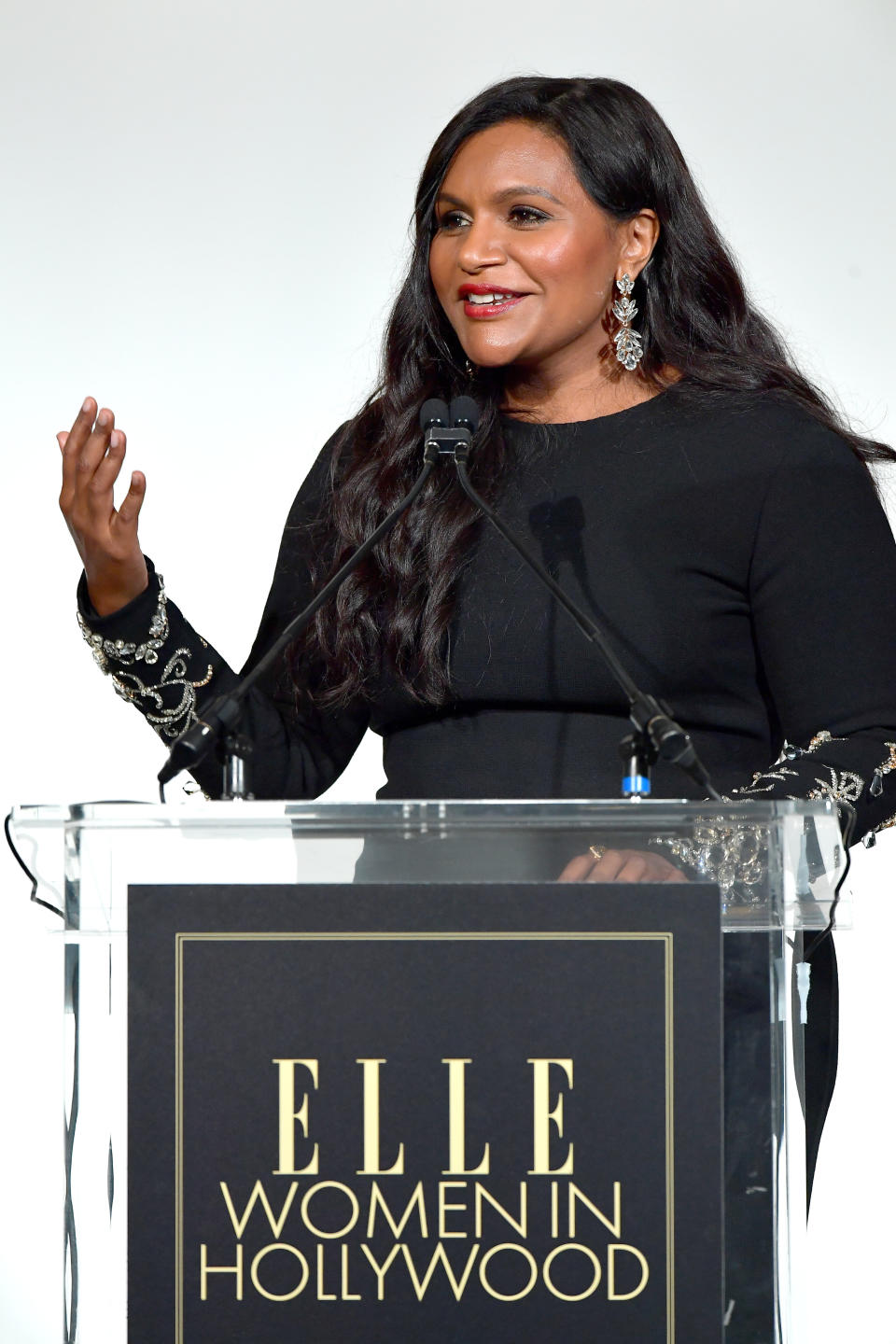 Mindy Kaling speaks onstage during Elle&rsquo;s 26th Annual Women In Hollywood Celebration on Monday. (Photo: Matt Winkelmeyer via Getty Images)