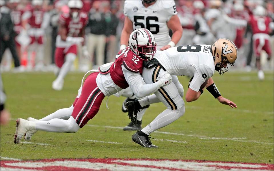 South Carolina’s Bam Martin-Scott sacks Vanderbilt QB Ken Seals in their game Saturday, Nov. 11, 2023 at Williams-Brice Stadium.