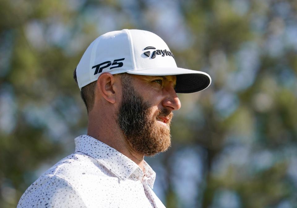 May 12, 2022; McKinney, Texas, USA; Dustin Johnson walks down the 14th fairway during the first round of the AT&T Byron Nelson golf tournament. Mandatory Credit: Raymond Carlin III-USA TODAY Sports