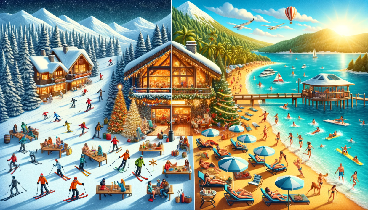 An AI-generated image illustrating two contrasting December trips. On one side, a festive ski resort: snow-covered mountains, skiers gliding down slopes, cozy lodges with roaring fires, and decorations like twinkling lights and pine trees. On the other si