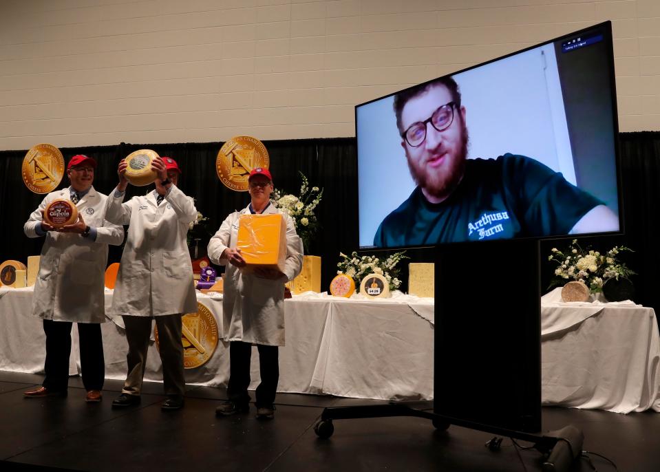 Arethusa Farm Dairy's Eric Schmid speaks via Zoom after the Bantam, Conn.-based cheesemaker's aged Gouda called Europa was named winner of the U.S. Championship Cheese Contest on Feb. 23, 2023, at the Resch Expo in Ashwaubenon, Wis.