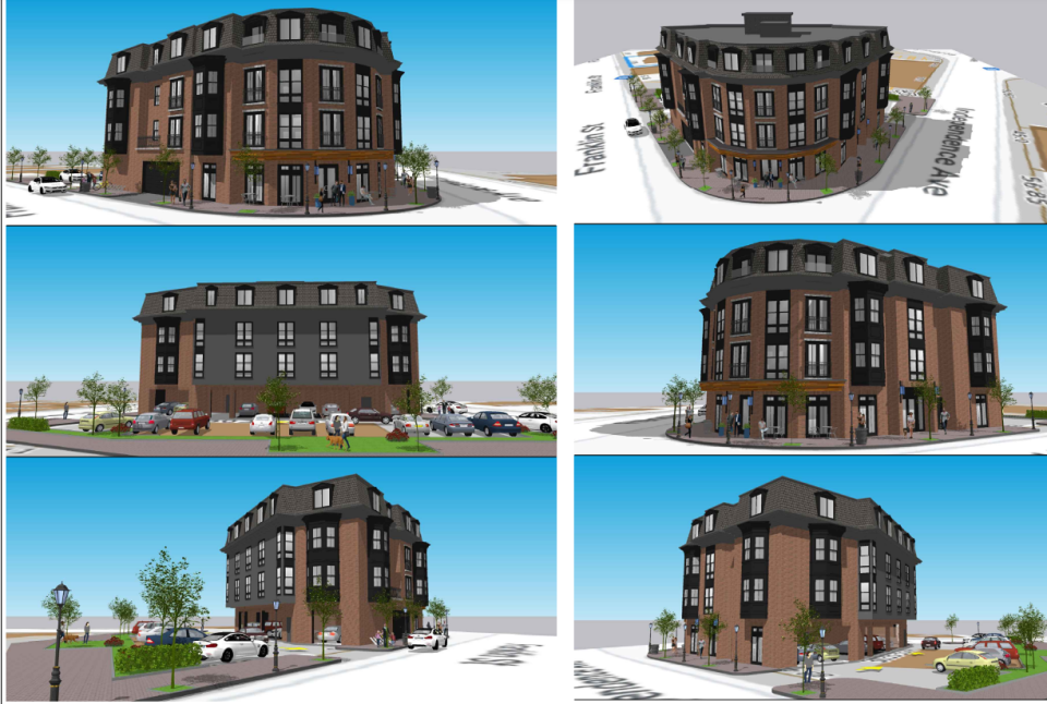 Renderings of a proposed a four-story condominium building at 10 Independence Ave. in Quincy, across the street from the John Adams and John Quincy Adams birthplaces. An autobody shop currently occupies the site.