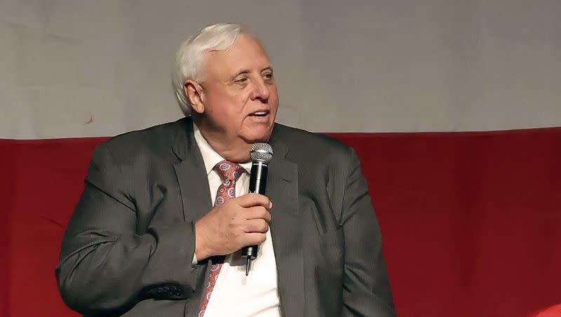 Gov. Jim Justice speaks during an announcement for his campaign for U.S. Senate at The Greenbrier Resort in White Sulphur Springs, W.Va., on Thursday, April 27, 2023.