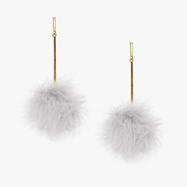 Tuleste white marabou pom-pom earrings, $145, ahalife.com