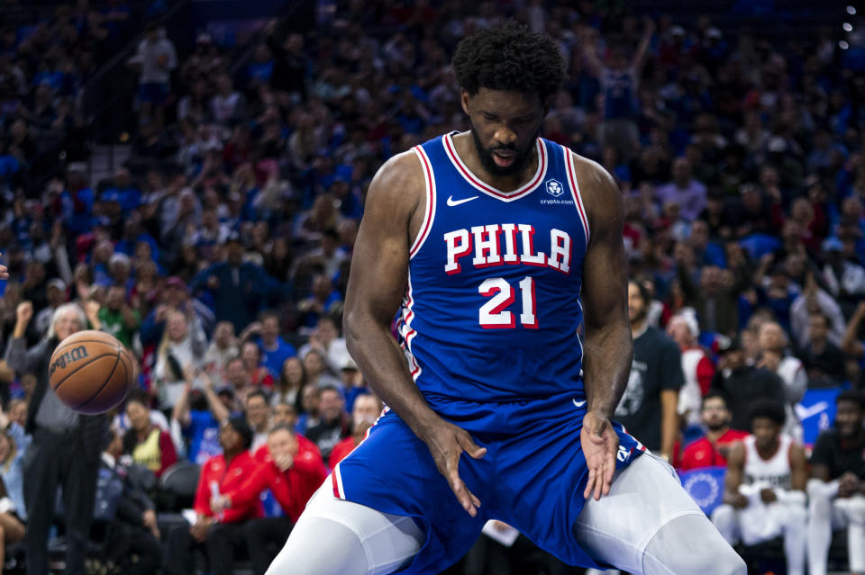 Philadelphia 76ers' Joel Embiid reacts after his basket and a foul called against Portland Trail Blazers' Malcolm Brogdon during the first half of an NBA basketball game, Sunday, Oct. 29, 2023, in Philadelphia. (AP Photo/Chris Szagola)