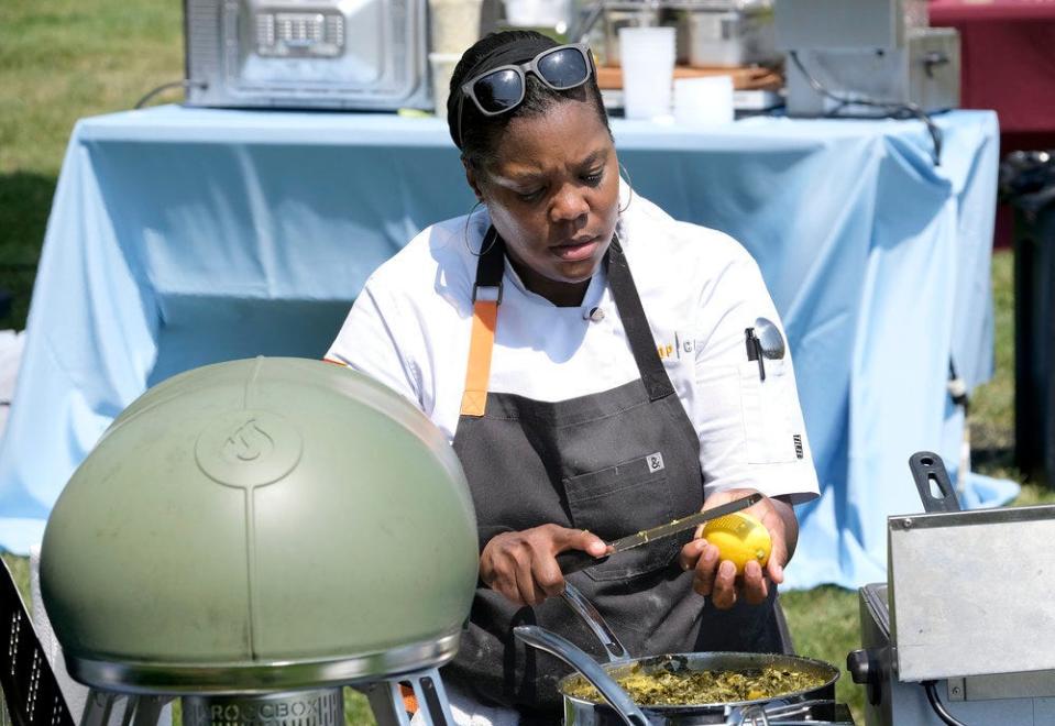 "Top Chef: Wisconsin" contestant Michelle Wallace took a chance at the cheese festival by making a Southern spin on Indian saag paneer using Pleasant Ridge Reserve cheese and collared greens.
