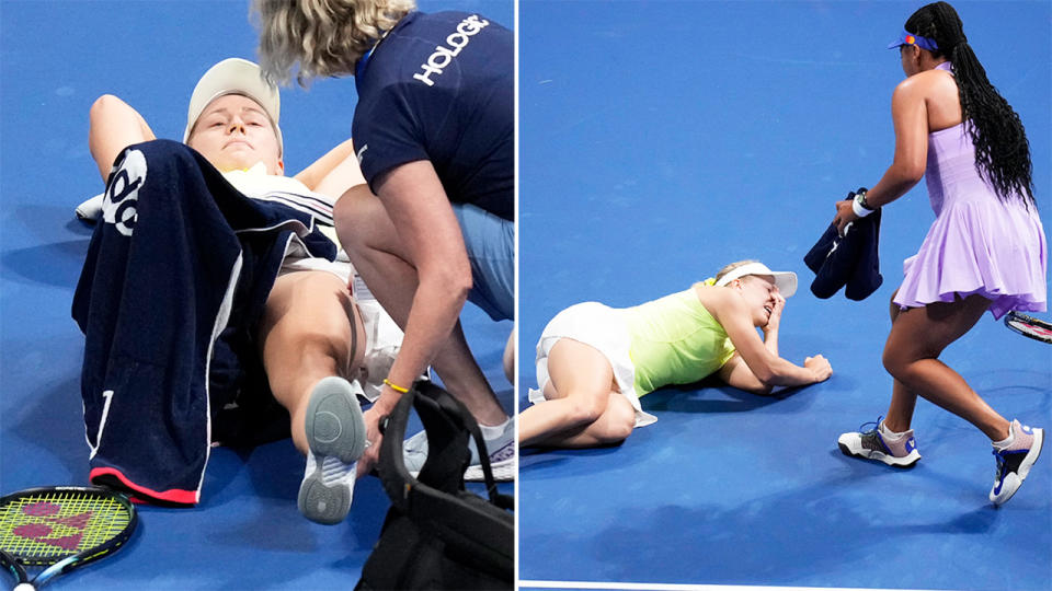 Daria Saville, pictured here after suffering a devastating knee injury against Naomi Osaka.