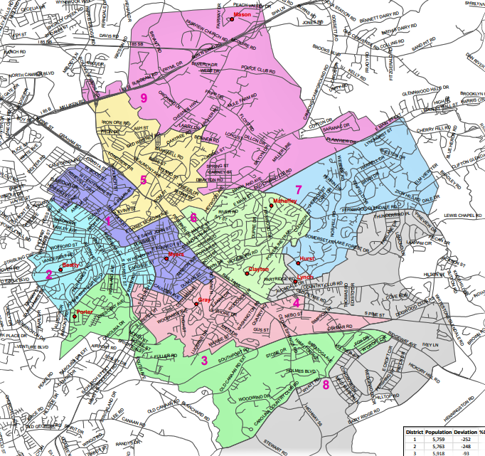 Proposed redistricting map for Spartanburg School District 7 that would create nine single-member districts.