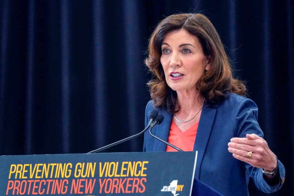 New York Gov. Kathy Hochul speaks during a ceremony to sign a package of bills to strengthen gun laws on June 6, 2022. The state is rolling out a novel strategy to screen applicants for gun permits by requiring people seeking to carry concealed handguns to hand over their social media accounts for a review of their “character and conduct.” (AP Photo/Mary Altaffer, File)