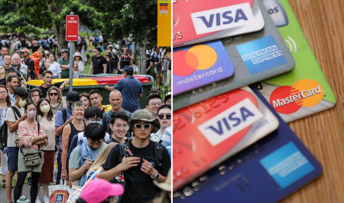 Compilation image of credit card and people on the street