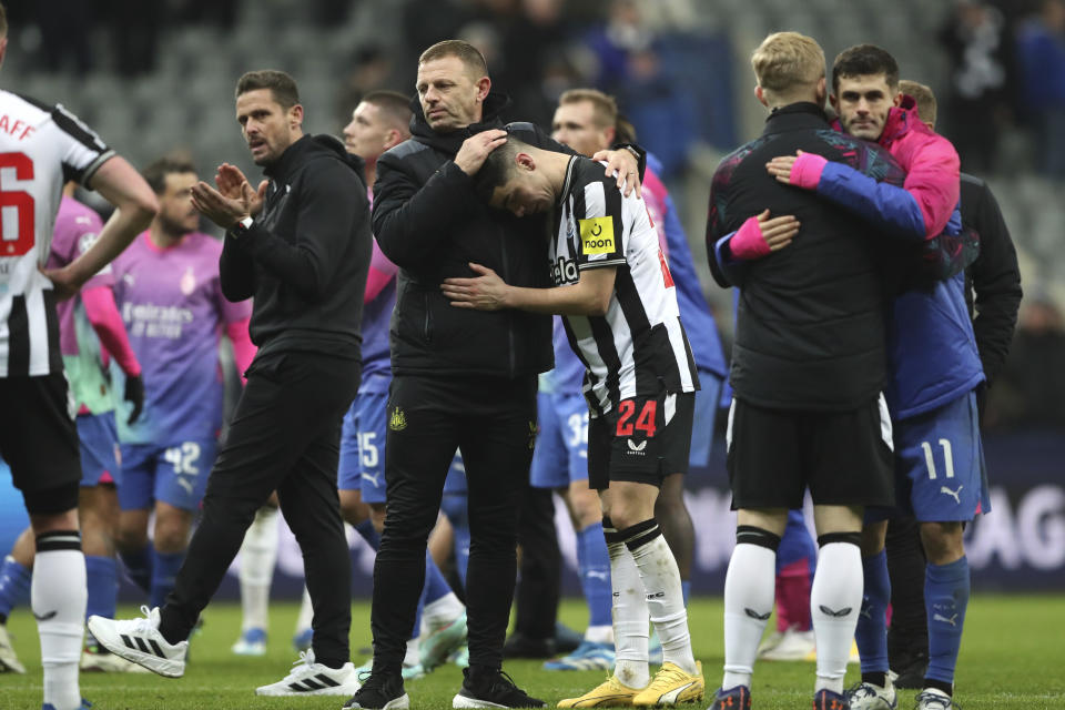 Newcastle's Miguel Almiron reacts at the end of the Champions League group F soccer match between Newcastle United and AC Milan at St. James' Park, in Newcastle, England, Wednesday, Dec. 13, 2023. (AP Photo/Scott Heppell)