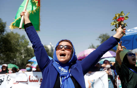 Women demonstrators from Afghanistan's Hazara minority attend a protest in Kabul, Afghanistan July 23, 2016. REUTERS/Omar Sobhani