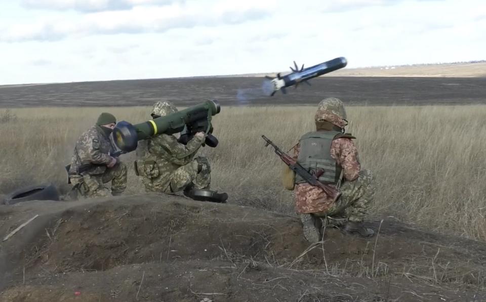 <span class="caption">The U.S. has given Ukraine a third of its Javelin anti-tank missiles.</span> <span class="attribution"><a class="link " href="https://newsroom.ap.org/detail/RussiaUkraineWarWeaponsExplainer/5d481148ffbb4703a0a05eebccb6db95/photo?Query=ukraine%20javelin&mediaType=photo&sortBy=arrivaldatetime:desc&dateRange=Anytime&totalCount=84&currentItemNo=26" rel="nofollow noopener" target="_blank" data-ylk="slk:Ukrainian Defense Ministry Press Service via AP;elm:context_link;itc:0;sec:content-canvas">Ukrainian Defense Ministry Press Service via AP</a></span>