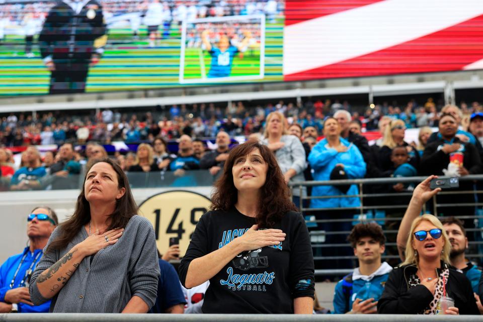 Jaguars fans stand for the National Anthem before last week's game against San Francisco. Sunday's home game against Tennessee is the Jaguars' "Salute to Service" game.