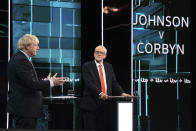 In this photo issued by ITV, Jeremy Corbyn, right, and Boris Johnson, during the election head-to-head debate live on TV, in Salford, Manchester, England, Tuesday, Nov. 19, 2019. Prime Minister Boris Johnson and leader of the opposition Labour Party Jeremy Corbyn are set to go head-to-head in their first live televised debate Tuesday evening, as the UK prepares for a General Election on Dec. 12. (ITV via AP)