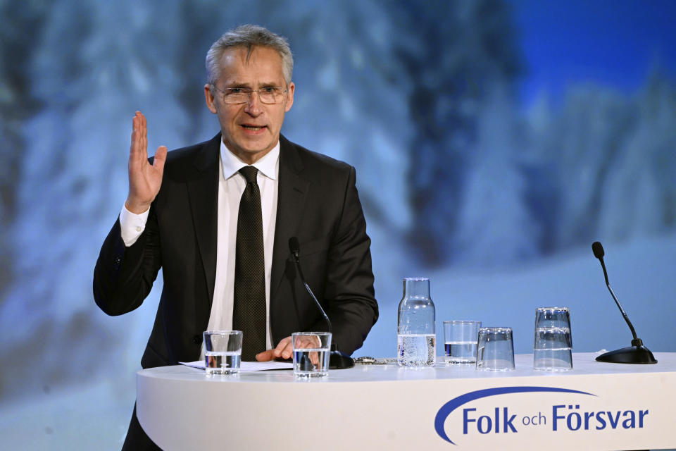 NATO Secretary General Jens Stoltenberg speaks during the annual Society and Defence Conference in Salen, Sweden, Sunday, Jan. 8, 2023. (Henrik Montgomery/TT News Agency via AP)