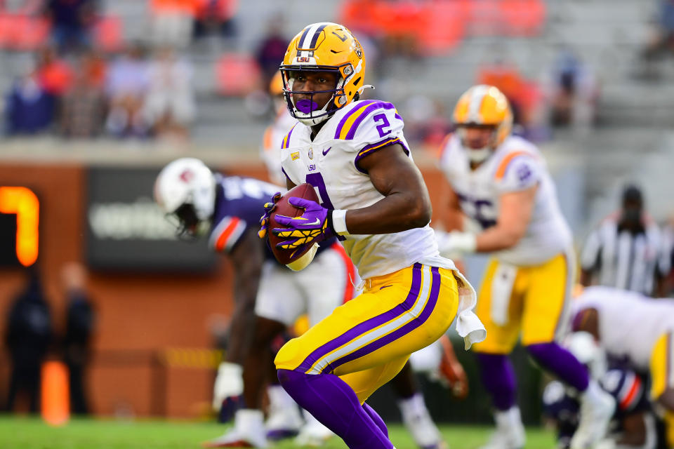 AUBURN, AL - OCTOBER 31: Arik Gilbert #2 of the LSU Tigers looks for a route against the Auburn Tigers in the second half at Jordan-Hare Stadium on October 31, 2020 in Auburn, Alabama. (Photo by Gus Stark/Collegiate Images/Getty Images)