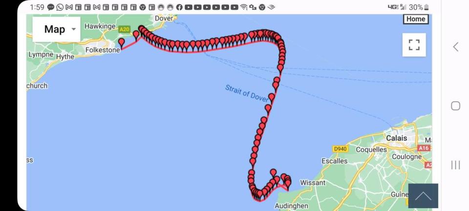 This map charts the path Molly Sanborn took when swimming across the English Channel.