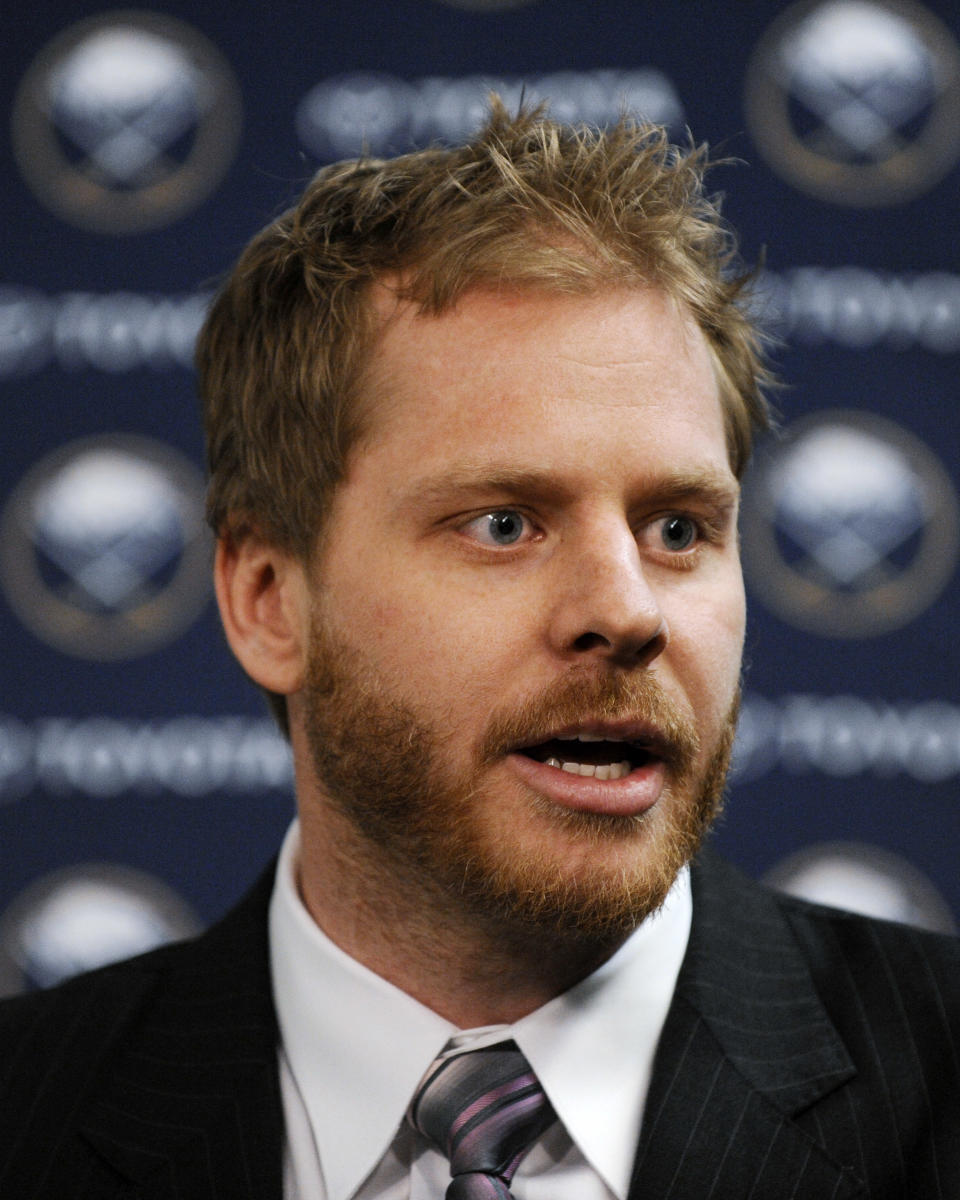 Former Buffalo Sabres captain Steve Ott talks with the media during a news conference after the first period of the Sabres' NHL hockey game against the San Jose Sharks in Buffalo, N.Y., Friday, Feb. 28, 2014. Miller and Steve Ott were traded to the St. Louis Blues on Friday night for goalie Jaroslav Halak, forward Chris Stewart, prospect William Carrier, a 2015 first-round pick and a 2016 third-round pick. (AP Photo/Gary Wiepert)