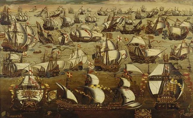 Pintura representado un enfrentamiento naval del siglo XVI entre las flotas espa&#xf1;ola e inglesa (imagen v&#xed;a Wikimedia commons)