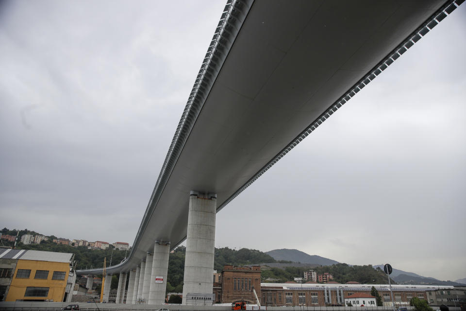 A view of the new San Giorgio Bridge ahead of its inauguration in Genoa, Italy, Monday, Aug. 3, 2020. A large section of the old Morandi bridge collapsed on Aug. 14, 2018, killing 43 people and forcing the evacuation of nearby residents from the densely built-up area. (AP Photo/Luca Bruno)