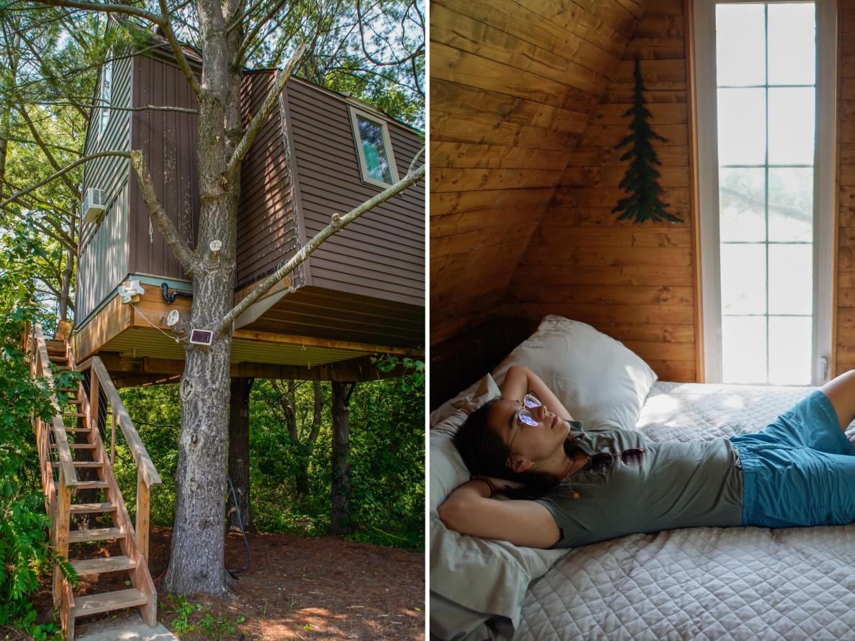 A treehouse in the woods (L) the author lays in a bed in the treehouse (R)