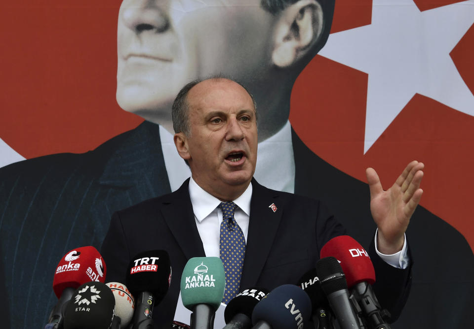 FILE - Muharrem Ince, a politician who once ran as a presidential challenger to Turkish President Recep Tayyip Erdogan, speaks in front of a poster of modern Turkey's founder, Mustafa Kemal Ataturk, during a news conference in Ankara, Turkey, on Feb. 8, 2021. Turkey is heading toward presidential and parliamentary elections on Sunday May 14, 2023. (AP Photo, File)