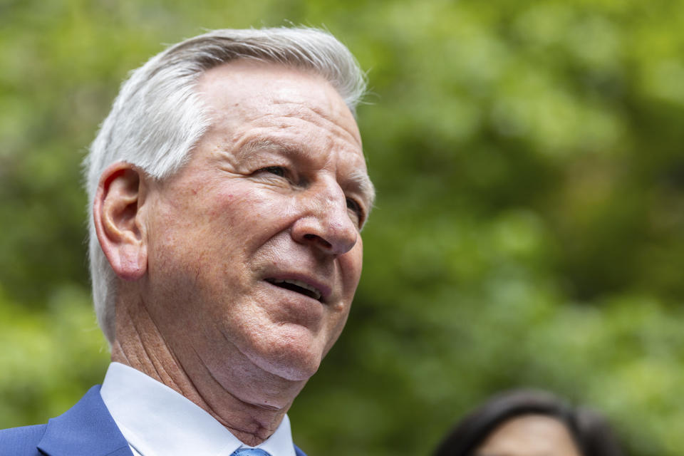 Sen. Tommy Tuberville, R-Ala., speaks at a press conference across the street from the Manhattan criminal court, Monday, May 13, 2024, in New York. Trump was accompanied to court Monday by some of his top congressional surrogates, including U.S. Sens. Tuberville and JD Vance of Ohio. (AP Photo/Stefan Jeremiah)