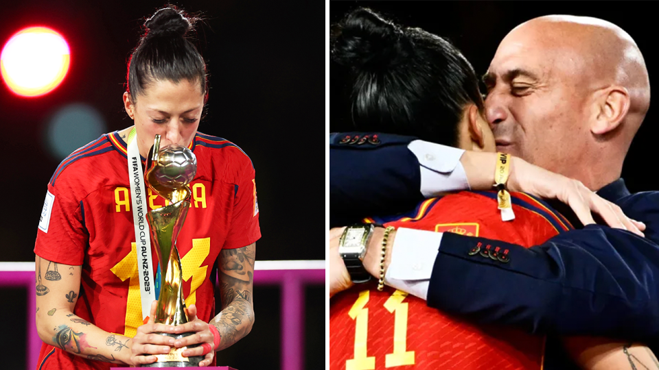 Jenni Hermoso with the World Cup trophy and former Spanish football president Luis Rubiales kisses Hermoso.