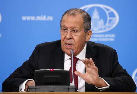 Russia's Foreign Minister Sergei Lavrov speaks during the annual news conference in Moscow, Russia January 16, 2019. REUTERS/Maxim Shemetov