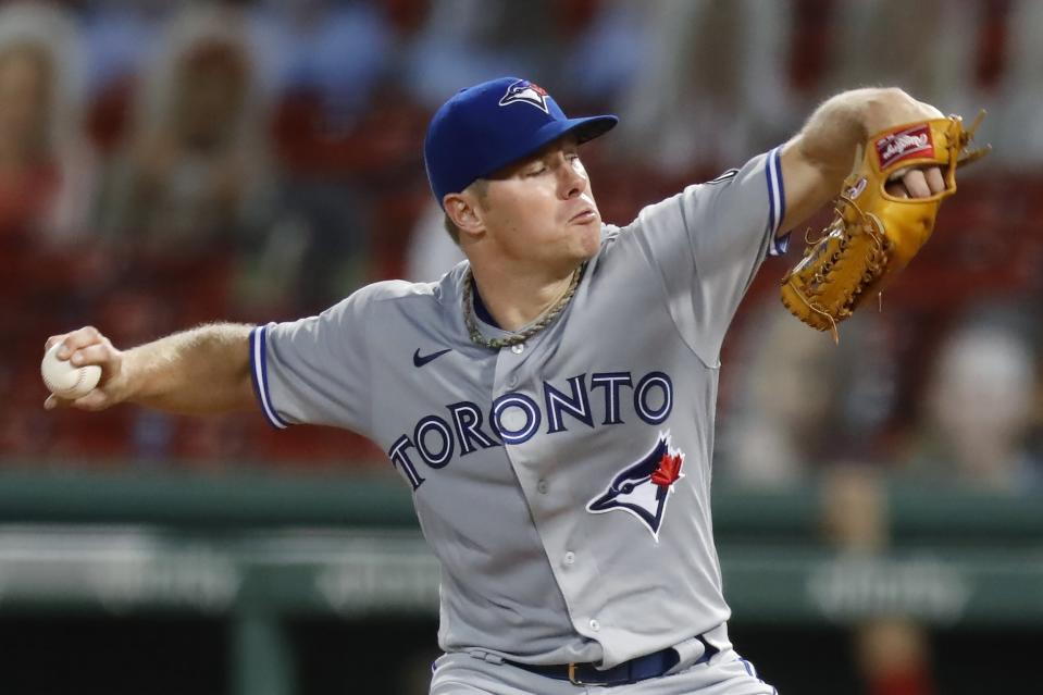 Toronto Blue Jays' Chase Anderson pitches during the third inning of a baseball game against the Boston Red Sox, Saturday, Aug. 8, 2020, in Boston. (AP Photo/Michael Dwyer)