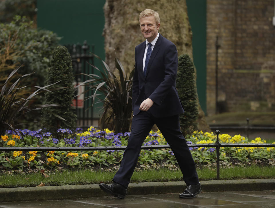 British lawmaker Oliver Dowden, the Paymaster General and Minister for the Cabinet Office arrives at 10 Downing Street in London, Thursday, Feb. 13, 2020. British Prime Minister Boris Johnson shook up his government on Thursday, firing and appointing ministers to key Cabinet posts. Johnson was aiming to tighten his grip on government after winning a big parliamentary majority in December's election. That victory allowed Johnson to take Britain out of the European Union in January. (AP Photo/Matt Dunham)