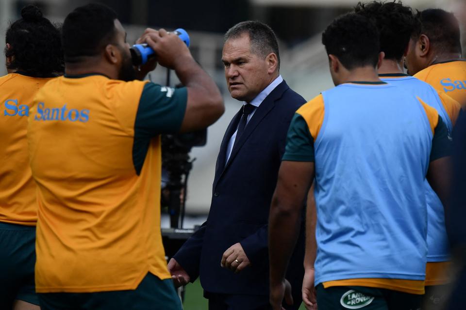 Pictured centre, Australia coach Dave Rennie addresses Wallabies players during their Test rugby defeat to Italy. 