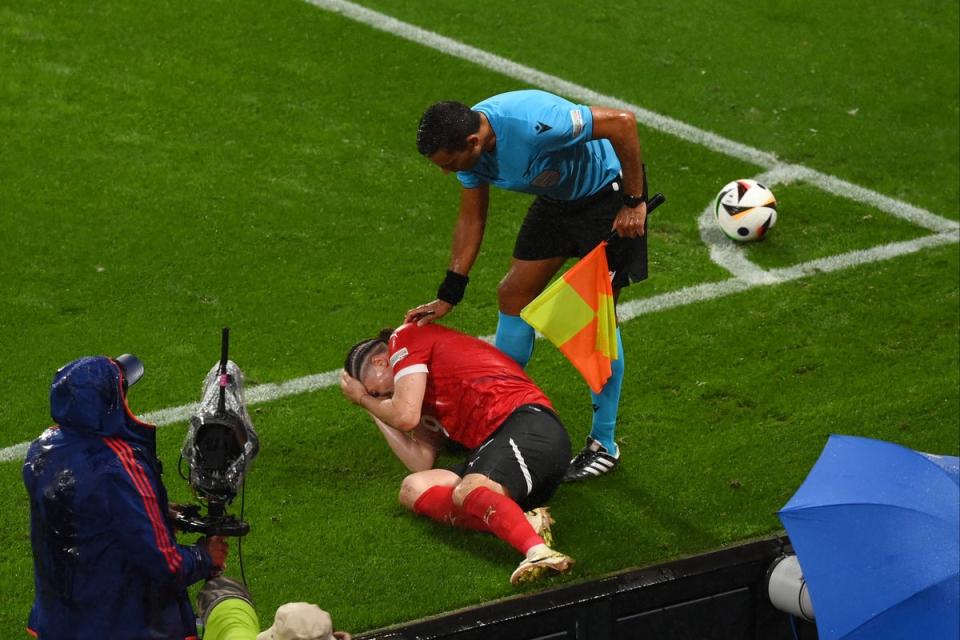 Marcel Sabitzer was struck by an item thrown from the stands in Leipzig  (Getty Images)