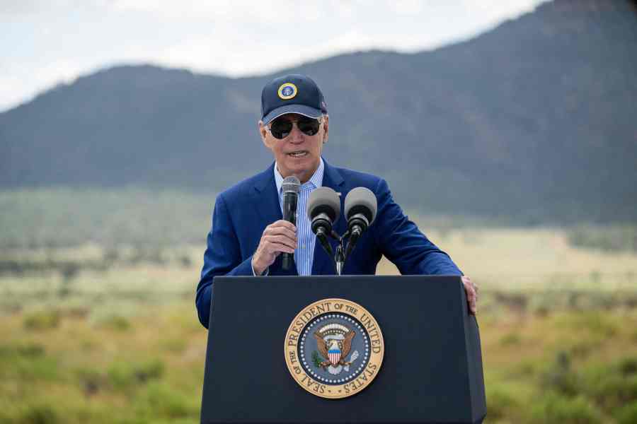 President Joe Biden discusses investments in conservation and protecting natural resources, and how the Inflation Reduction Act is the largest investment in climate action, at Red Butte Airfield in Arizona on Tuesday. While at the Grand Canyon, he talked exclusively to The Weather Channel’s Stephanie Abrams about climate change. (Photo by Jim Watson/AFP via Getty Images)