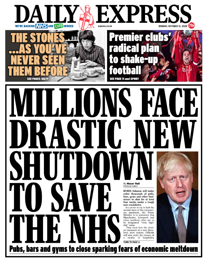 The Daily Express says millions of people will face new measures under the three-tier lockdown.