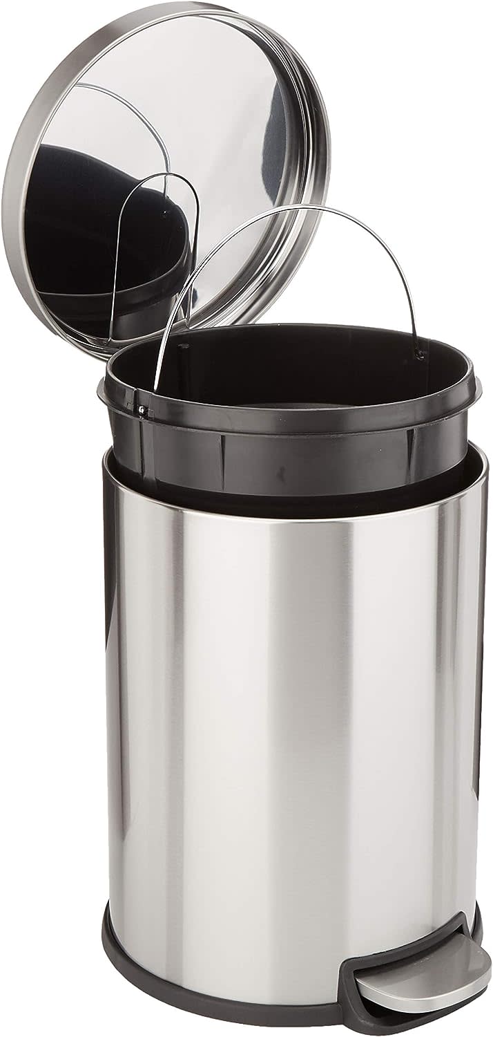  Amazon Basics Round Cylindrical Trash Can With Soft-Close Foot Pedal, 20 Liter/5.3 Gallon, Brushed Stainless Steel