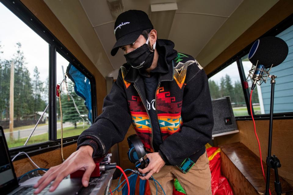 Artie Mendoza III, also known as KiidTruth, works on a new track in his home studio in Pablo, Montana. Mendoza created a viral TIk Tok dance and song to promote hand washing, mask wearing and social distancing among the youth on the Flathead Indian Reservation.