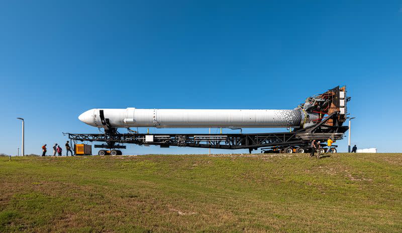 Relativity Space's 3D-printed rocket Terran 1 is role to launch pad at Cape Canaveral Air Force Station in Florida