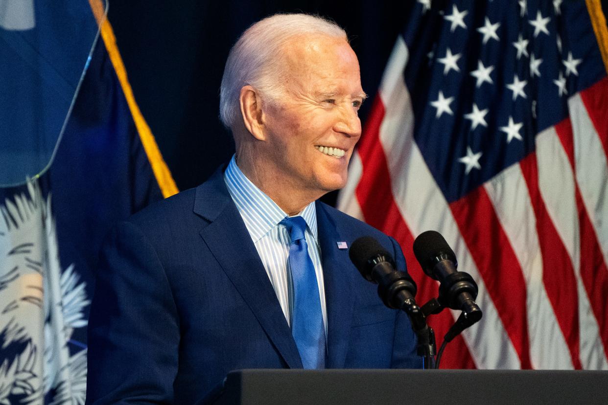 Jan 27, 2024; Columbia, S.C., USA; President Joe Biden speaks during the First in the Nation Dinner and Celebration in Columbia, S.C., on Saturday, Jan 27, 2024.